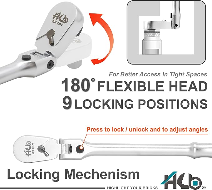 HB 101-Piece Socket Set AKX005-U, 90-Tooth Flex Head Ratchets 3/8"&1/4" Drive, Patented Non-Slip Metric SAE Sockets, Deep & Standard, Extension Bars, Bit Sockets, Rails, Case, Made in Taiwan