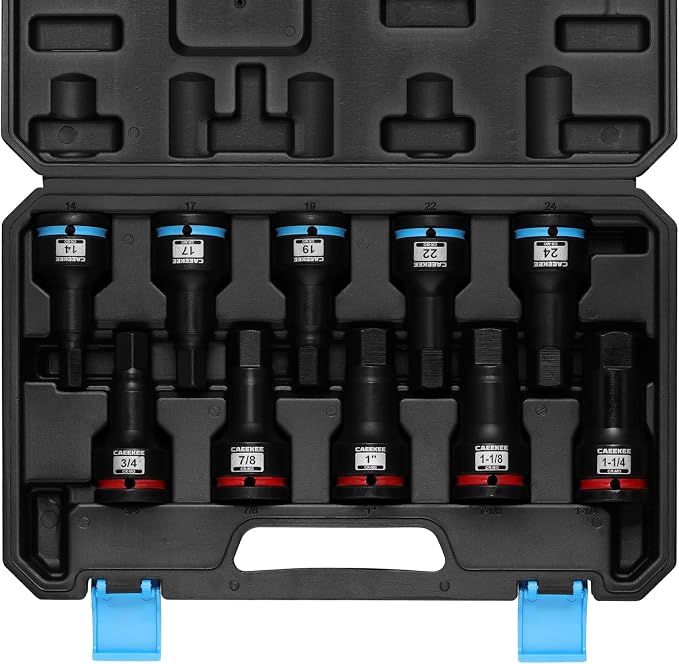 3/4" Drive Master Impact Hex Bit Socket Set, 10 Pieces Allen Bit Socket Set, Cr-Mo, SAE/Metric, 3/4" - 1-1/4", 14mm - 24mm, Heavy Duty Storage Case