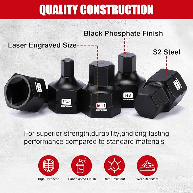 MIXPOWER 27-Piece 3/8" Drive Stubby Impact Hex Bit Socket Set,SAE/Metric, 5/32"-11/16",4mm-17mm, S2 Steel Air Drive Low Profile Socket Set,Impact Grade,Anti-Roll Design