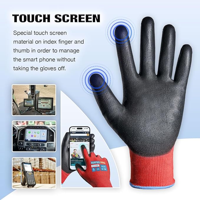 KAYGO Work Gloves PU Coated for Men and Women, 12 Pairs Safety Work Gloves with Two Fingers Touchscreen, Breathable and Lightweight,Ideal for Light Warehouse, Manufacturing, Gardening, KG11P (S, Red)