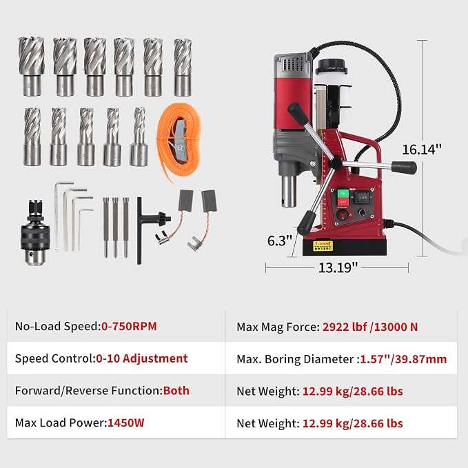 PrecisionAuto Portable Magnetic Drill Press – 1550W, 750RPM, 1.57" Boring Diameter, 13000N Holding Force, Adjustable Speed, Forward/Reverse, Twist Drill Adapter – Includes Coring Bits & Case, Heavy