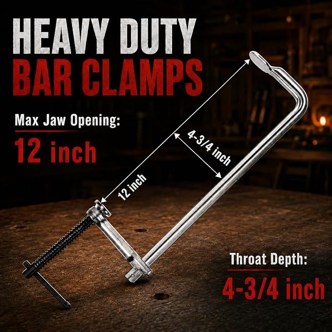 4-Pack Bar Clamps, 12-Inch Jaw Opening, 1200 Lbs Clamping Force