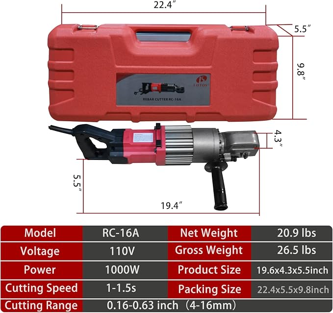 Lotos RC16A Electric Rebar Cutter 1000W Portable Hydraulic Electric Rebar Cut 5/8" 16mm #5 Rebar within 2 Seconds, 110V…