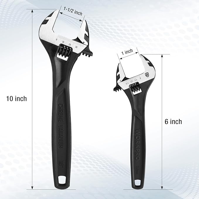 WORKPRO 2-piece Adjustable Wrench Set, 6-Inch & 10-Inch Wrenches, Cr-V Steel, Wide Jaw Wrench with Metric & SAE Scale, good for Home, Garage, Workshop