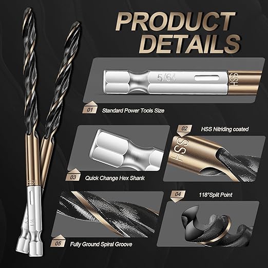 13pcs Hex Shank Drill Bit Set, Professional HSS Nitriding Twist Drill Bits, Upgrade Black and Gold Coated Drill Bit, Quick Change Design for Wood, Steel, Metal, and Plastic, 1/16IN to 1/4IN.