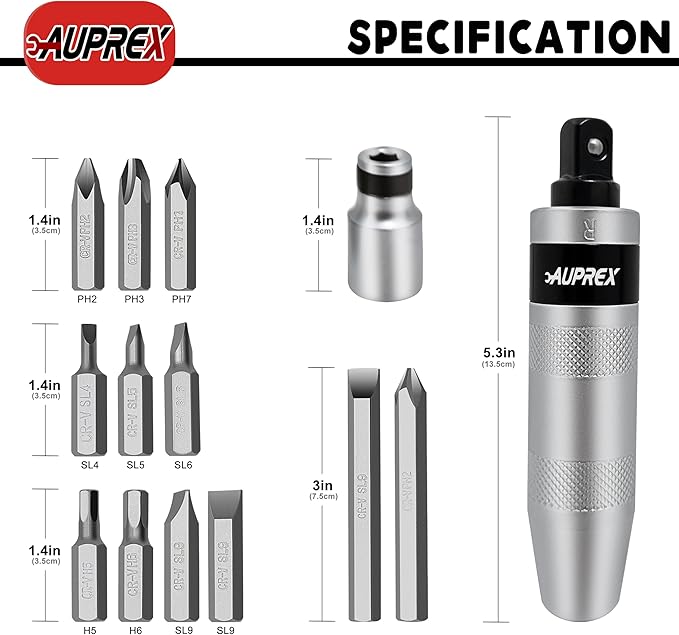 AUPREX Manual Impact Screwdriver, 1/2” Reversible Hand Impact Driver Set, Hammer Screwdriver with 12-Piece CR-V Slotted, Phillips, Hexagonal Bits Set for Removing Rusted Fasteners or Frozen Bolts