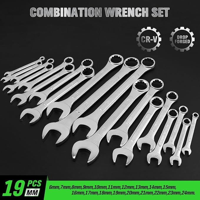19-Piece Metric Combination Wrench Set, 6-24mm Standard Spanner Wrench Set, Mechanic Tool Sets with Rolling Pouch, Open End Wrenches for Household, Garage, Workshop, Auto Repairs