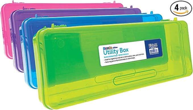 BAZIC PRODUCTS Bright Color Ruler-Length Utility Box, 13 3/8 x 5 3/8 x 2 1/2 in, for School Office Supplies, Set of 4