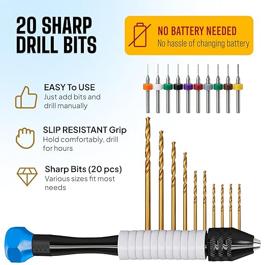 Micro Drill Bits Set with Pin Vise | Small Hand Drill - Pin Vise Hand Drill Manual, PCB Mini Bits for Resin Beads Polymer Clay | DYI Jewelry Making, set