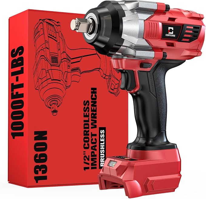 Cerycose Cordless Impact Wrench 1/2 inch Compatible with Milwaukee 18v Battery Brushless High Torque Impact Driver Gun with 1000 Ft-lbs Torque, LED Work Light, Ergonomic Design Heavy-Duty