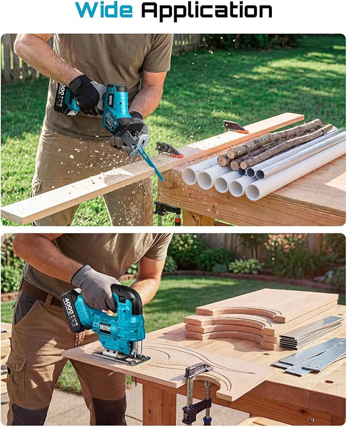 SEESII 2-Tool Cordless Combo Kit, Reciprocating Saw & Jig Saw with 2x4.0Ah Batteries, Brushless Motor, 0-45° Bevel Cut Jigsaw, Adjustable Speed, LED Light, Lightweight for Wood/Metal/PVC Cutting, DIY