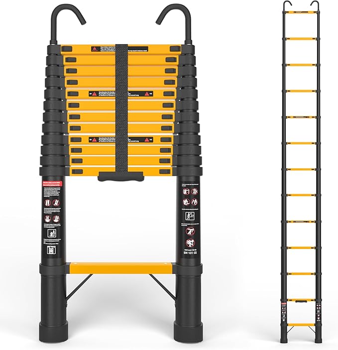 SINMEIRUN Telescoping Ladder, 12.5 FT, Hooks, Aluminum Extension Ladder, 330 lbs Capacity, Collapsible Multi-Purpose Ladder for Home, Roof and RV; Yellow