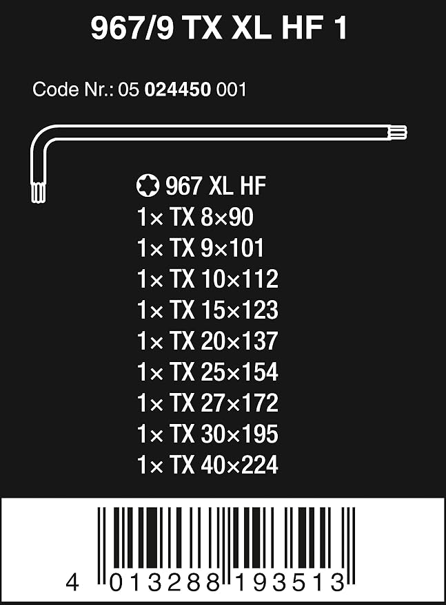 Wera 05024450001 967/9 TX XL HF 1 L-key set with holding function, long, 9 pieces