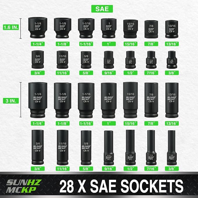 SUNHZMCKP 1/2" Drive Impact Socket Set, 66 Pcs Standard SAE (3/8"-1-1/4") & Metric (8-24mm), 6 Point Shallow/Deep Socket Kit with Ratchet Handle, Drive Extension Bar, Impact Universal Joint, Cr-V
