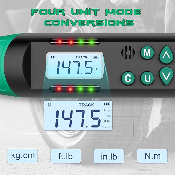 1/2 Inch Drive Digital Torque Wrench, 7.38-147.5Ft.lb/10-200N.m, Long Electronic Torque Wrench with Preset Value, Buzzer & LED Indicator, 2% Accuracy for Bike, Motorcycles, Car
