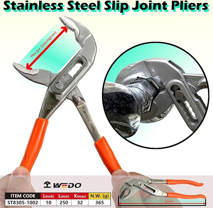 WEDO Slip Joint Pliers, 10-inch Tongue and Groove Pliers,Stainless Steel V-Jaw Groove Joint Pliers, Jaw Capacity 1.3"(32mm),Length 250mm(10"),Quick Release Water Pump Pliers,Non-slip Handle