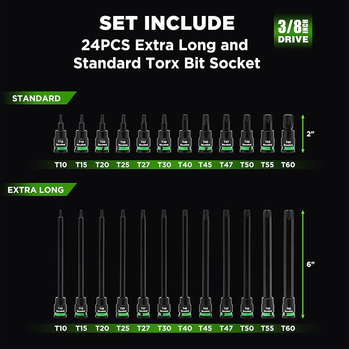 TecoTek 3/8" Drive Impact Torx Bit Socket Set, Extra Long Torx Socket, S2 Alloy Steel Star Bit Sockets, 24PCS Star Bit Set, T10-T60, 2in & 6in Long, CR-V & S2 Alloy Steel Set, Enhanced Storage Case
