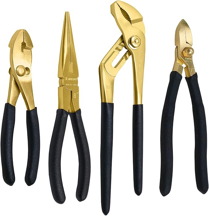 WEDO 4PCS Brass Pliers Set - 6" Slip Joint, 7" Diagonal Cutting, 8" Snipe Nose, 10" Groove Joint Pliers with Non-Slip Handle,For Gripping, Loosening Nuts and Bolts, Cutting Steel Wire,Die-Forged