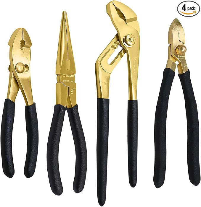 WEDO Brass Pliers Set - 4pc Non-Slip Handle, 8" Snipe Nose, 6" Slip Joint, 7" Diagonal Cutting, 10" Groove Joint