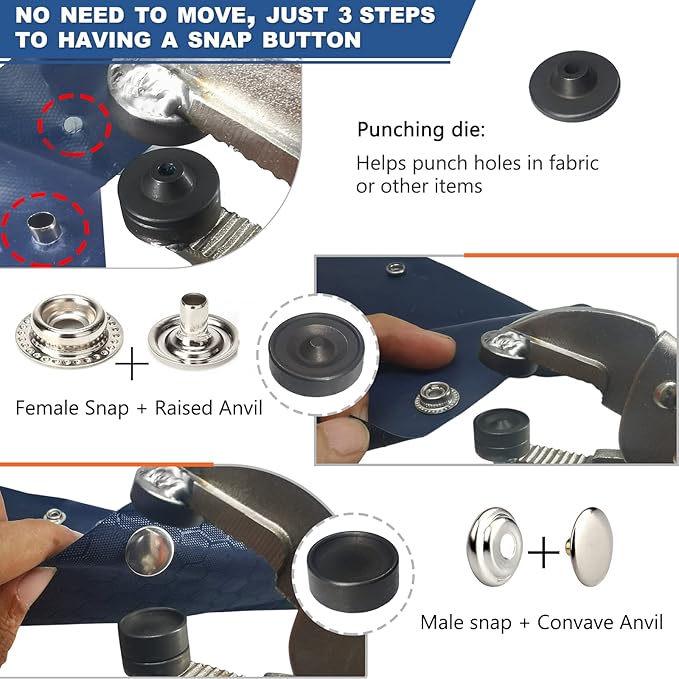 Snap Fasteners Kit, Heavy Duty Fastener Tool and 60-Set 15mm Marine Snaps Stainless Steel for Boat Covers/Tarp/Canvas/Upholstery/Leather Metal Press Studs Replacement, Installation, Repairing
