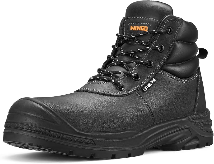 NINGO Steel Toe Work Boots for Men, Non Slip & Puncture Resistant Construction Boots with Breathable Lining, EH Protection, Comfortable Mens Safety Leather Work Shoes for Industrial, Walking Warehouse