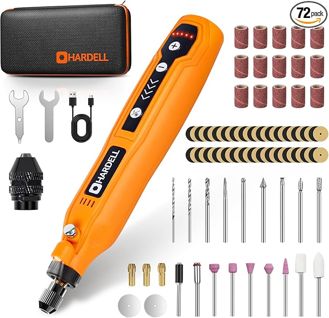 HARDELL Cordless Rotary Tool 3.7V with Universal Chuck, 5-Speed Mini Rotary Tool Kit with 71 Accessories, USB Charging, Multi-Purpose DIY Craft Tool for Sanding, Polishing, Drilling, Engraving(Orange)