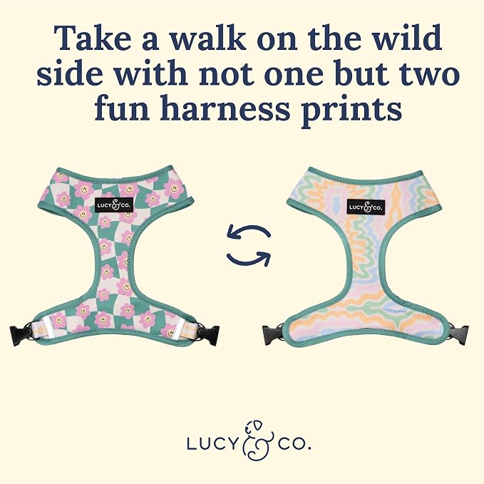 Lucy & Co. Reversible Dog Harness - Water-Repellent Neoprene, Dual-Print Design, Easy Swap Style, Adjustable Comfort Fit - Just Chill Reversible Harness - Medium