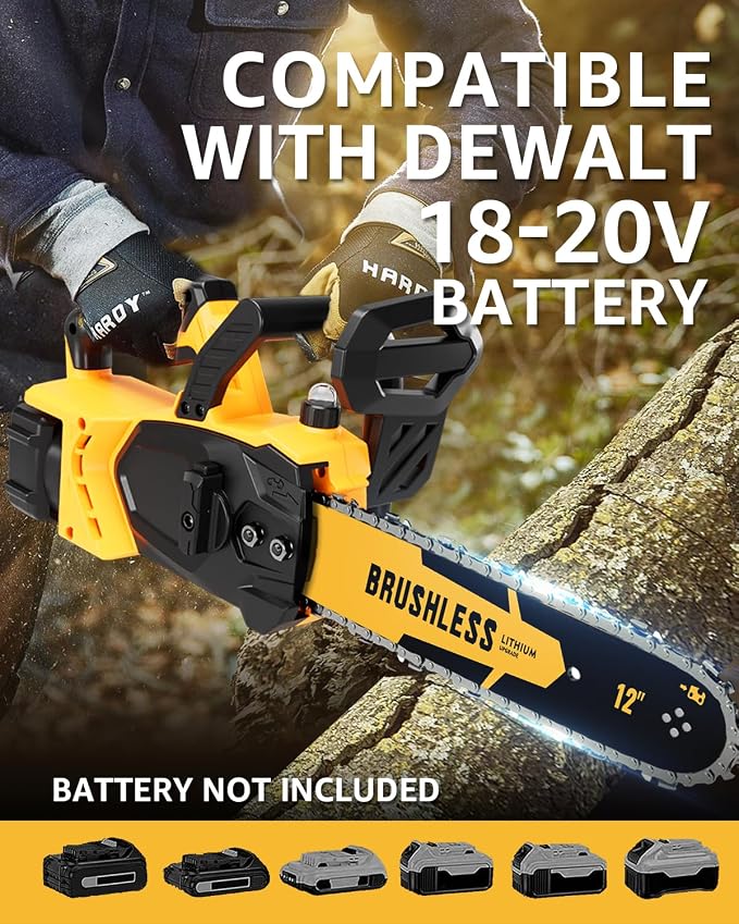 12 Inch Brushless Cordless Chainsaw for 20v Max Battery with Auto Oiler, 45Ft/s 1100W Electric High-Efficiency, No Installation Required, Yellow (Battery Not Included)