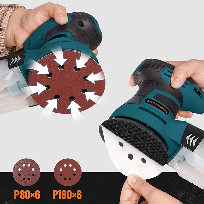 DOVAMAN ROS01A Orbital Sander, 3A Random Orbit Sander, 6 Variable Speeds, Up to 13000 rpm, 12pcs Sandpapers, 5in Sanding Pad, Dust Collection, Electric Sanders Perfect for Woodworking