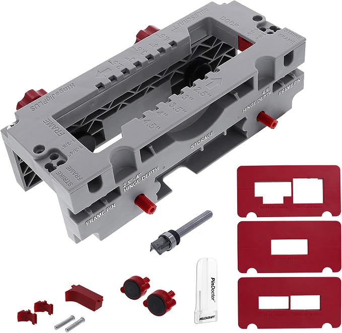 Milescraft 1229 HingeJigPLUS – Dual Clamping Door Hinge Jig Door Hinge Mortiser. Complete Hinge Installation Kit Rout Mortises from 2.5” to 4.5”. Strike and Latch Plates Included for Standard Doors