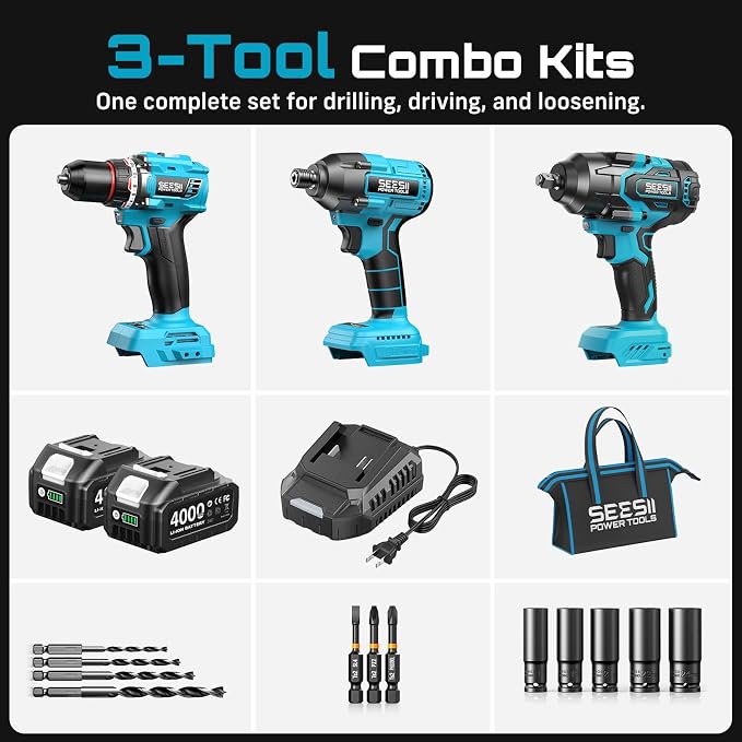 Seesii Impact Wrench Drill Driver,Power Tool Combo Kit For Car Home DIY | 1000N.m Impact Gun,1/4" 180N.m Impact Driver and 3/8" 50N.m Cordless Drill,2 * 4.0Ah Bartteris,Brushless,Fast Charger