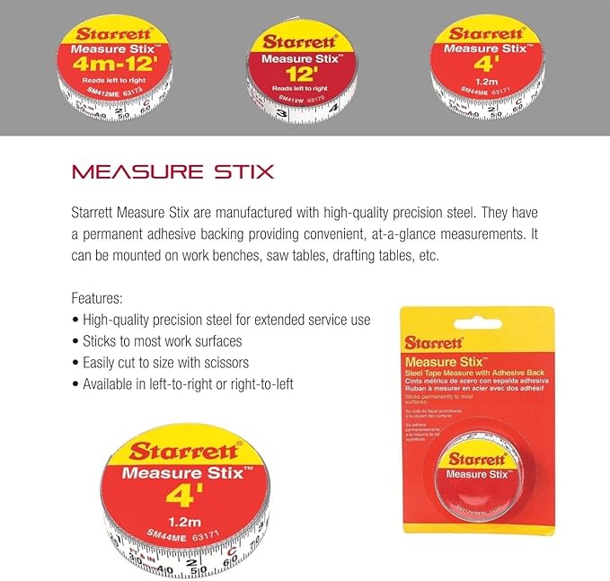 Starrett Tape Measure Stix with Adhesive Backing - Mount to Work Bench, Saw Table, Drafting Table - 1/2" x 4', English Metric, Left-Right Reading - SM44W
