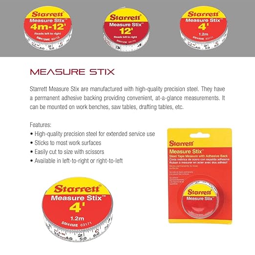 Starrett Tape Measure Stix with Adhesive Backing - Mount to Work Bench, Saw and Drafting Table - 1/2" x 4', English Metric, Left-Right Reading - SM44ME