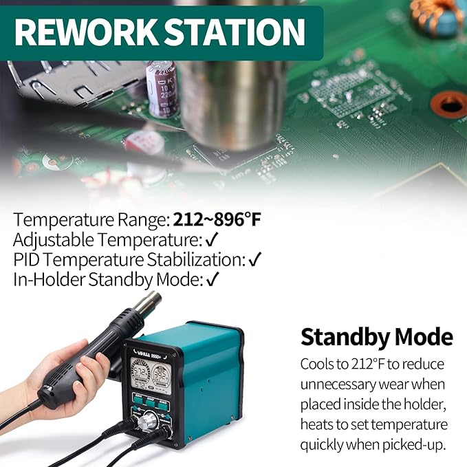 YIHUA 995D+ EVO Soldering Hot Air Station Kit 2-IN-1 110W Soldering Iron with LCD Display, Power Meter, Preset Channels, Sleep Mode, °C-°F Conversion, Automatic Shutdown Functions