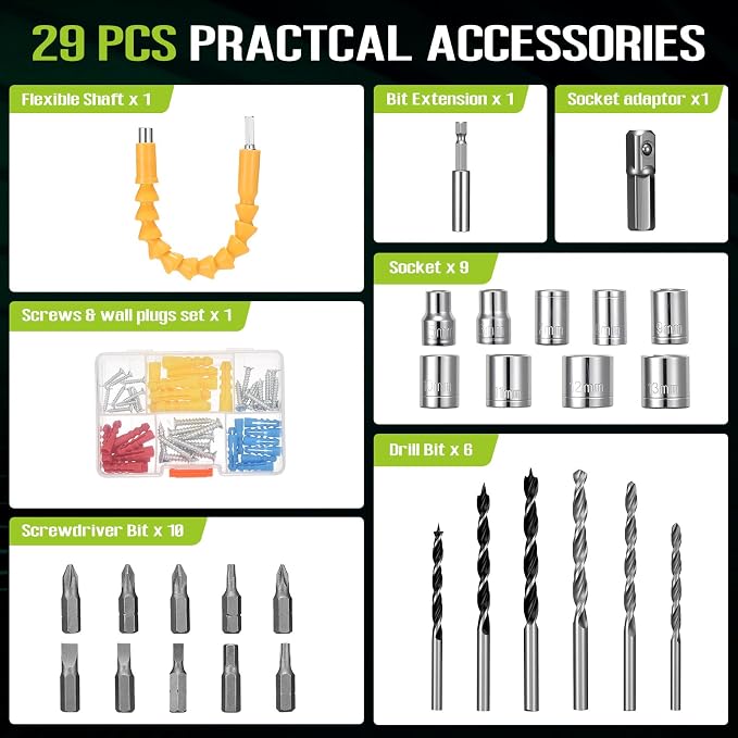 WORKBLESS 21V Power Drill Set, Cordless Drill with Batteries and Charger, 3/8'' Keyless Chuck, Variable Speed, 18+1 Torque Setting and 28pcs Bits Tool Set(Green, 2 Batteries)