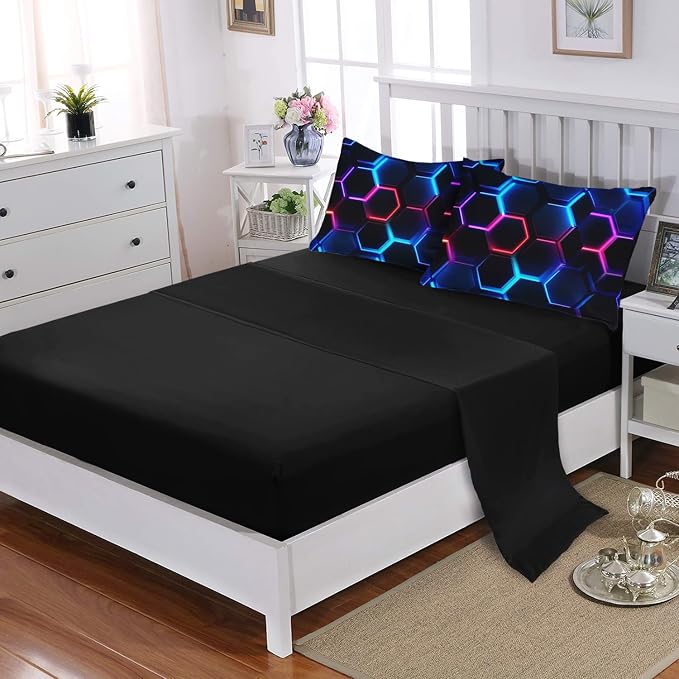 Geometric King Comforter Set,Colorful Neon Lights Honeycomb Bedding Set 7 Piece with Comforter Fitted Sheet Flat Sheet Pillowcases,Bed Sets Geometry Decor,Microfiber Lightweight All Season.