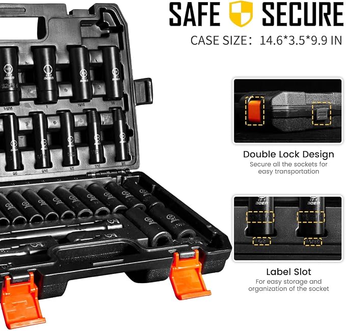 BOEN 35-Piece 1/2" Drive Deep Impact Socket Set - SAE 3/8"-1-1/4" & Metric 8-24mm, Extensions, Joint & Adapter, Cr-V Steel, Double Lock Case