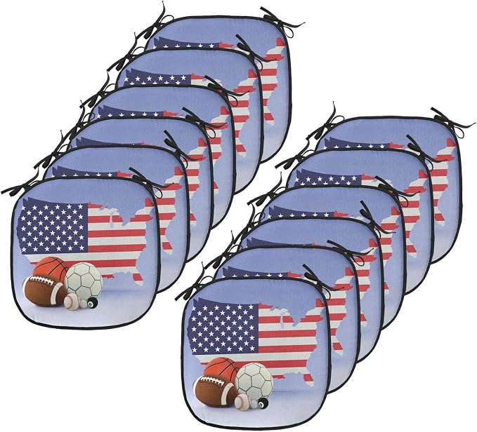 Lunarable Americana Chair Cushion Pads Set 12, American Map and Sport Balls Basketball Football Competition Matches, Anti-Slip Seat Padding for Kitchen & Patio, 16"x16", Purple Grey Multicolor