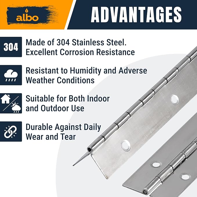 ALBO 24 Inch Silver Heavy Duty Piano Hinge Continuous Stainless Steel 304 (2-Pack), Surface Mount Cabinet Hinges Silver 24"x2" for Server Rack, Display Case, Workshop Bench & Storage, Commercial
