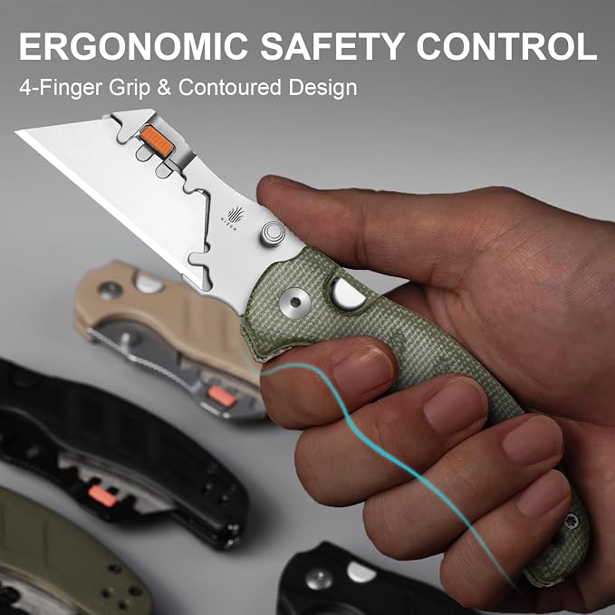 Kizer C01C Uti 2 (Tool-Free Version) Utility Knife, Button Liner Lock Box Cutter Pocket Knife with 5PCS Razor Blades, Thumb Stud Folding Knives with Green Micarta Handle for Men Women V3488.29JNA1