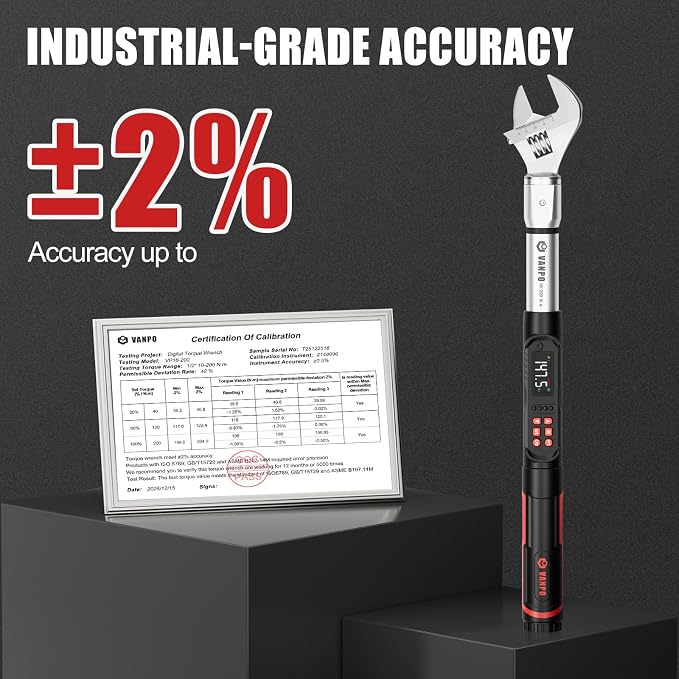 VANPO Adjustable Digital Torque Wrench, 7.38-147.5 Ft.lb/10-200Nm for HVAC | 38mm Jaw & 1/2" Ratchet, 14×18mm Open End, ±2% Accuracy, Vibration, Buzzer and LED Indicator, for Split AC, Auto, Plumbing