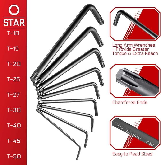 Carbyne 9-Piece Long Arm Torx Wrench Set (Star Key Set), T10 to T50 Sizes, Heat Treated S2 Steel, Manganese Phosphate Finish