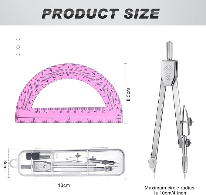Zonon Student Protractor and Compass Set, Student Geometry Math Set, Compass for Geometry and 180 Degree 6 Inch Protractor for Drawing Measuring School Office (1 Pcs,Pink)