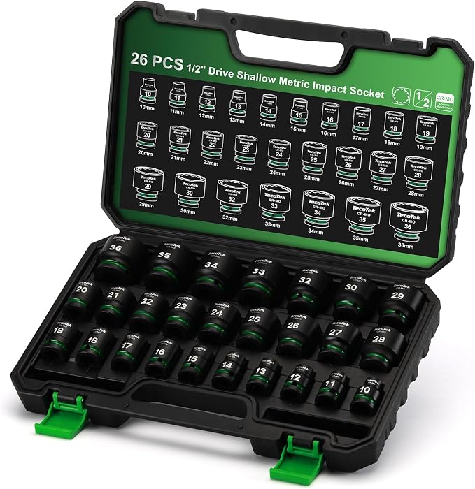 TecoTek 26 Pieces 1/2-Inch Drive Shallow 12-Point Metric Impact Socket Set, CR-MO, 10mm to 36mm, Stamped and Ink Filled Size Marking, Heavy Duty Storage Case