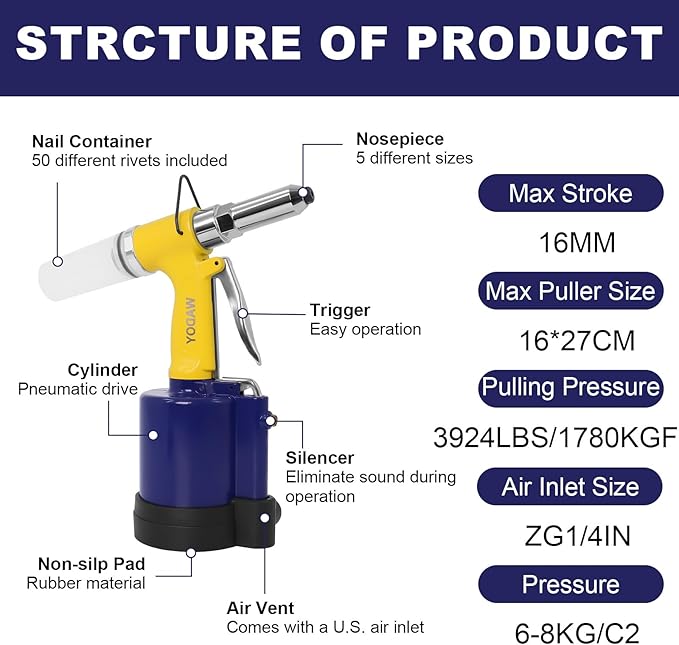 Air Rivet Gun Heavy Duty, 3924 LBF Pneumatic Pop Rivet Gun Kit with 50 PCS Rivets,5 Nosepieces(3/32",1/8", 5/32",3/16",1/4"), Air Hydraulic Riveter for Automotive, Construction, Industrial,Boat Repair