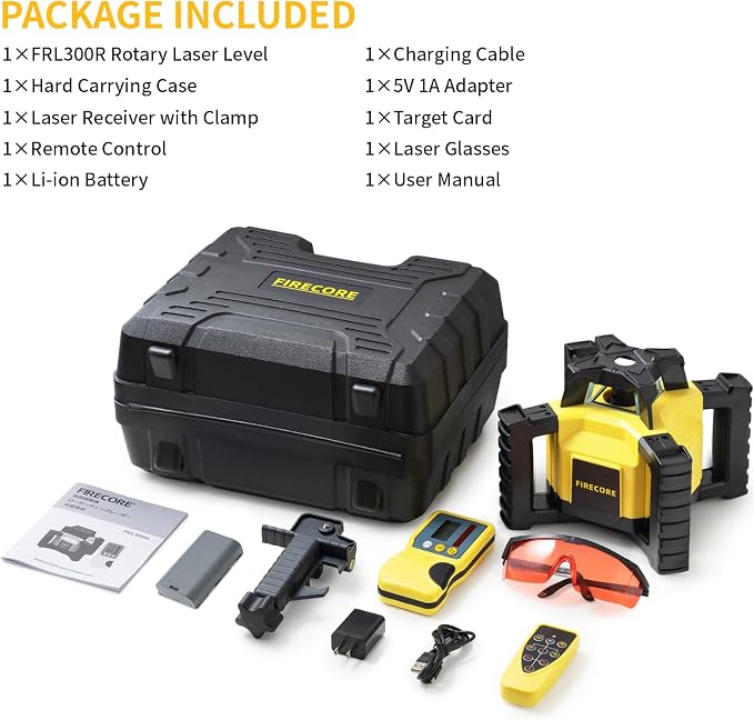 Firecore Rotary Laser Level Kit, 360 Degree Self-Leveling Horizontal Rotary Laser for Construction, Outdoor Laser Level with Receiver, Rechargeable Battery, Rod Clamp & Remote Control Included-FRL300R