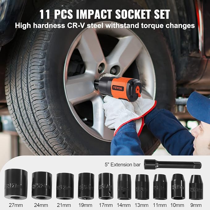 VEVOR 1/2-Inch Air Impact Wrench - High Torque 1400 ft-lbs - Lightweight 4.6 lb - Includes 11-Piece CR-V Steel Impact Socket Set & Carrying Case | For Automotive Repair and Tire Removal, Lightweight 4.6 lbs, Includes 11-Piece CR-V Steel Impact Socket S...