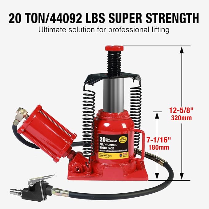 Big RED Air Jack, 20 Ton Hydraulic Bottle Jack, Lift Range 7-1/16" to 12-5/8", Low Profile Heavy Duty Jack with Dual-Power Operation, Adjustable Lift Range & Safety Valve - 20 Ton (40,000 LBS)