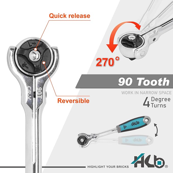 HB 90-Tooth 1/4 Inch Drive 270° Swivel Head Ratchet Handle 44 Piece Socket Set with Precision Screwdriver Torx PZ PH SL HEX Bits Chrome Vanadium Steel Portable Case Made in Taiwan AKM024-G | 90-tooth swivel ratchet, 270° flex head, 4° arc swing, stampe...