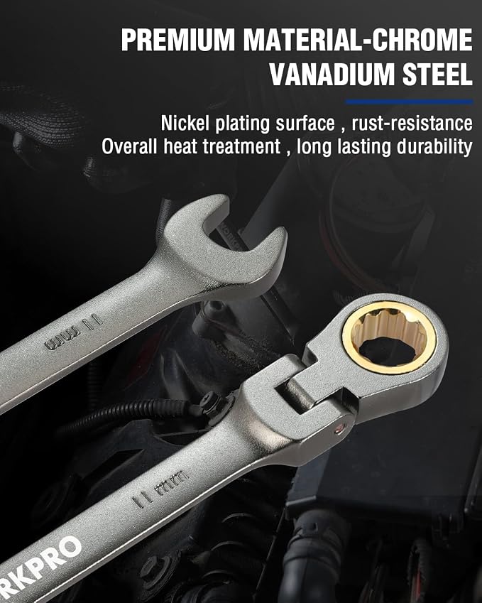 WORKPRO 11 mm Flex-Head Ratcheting Combination Wrench, Nickel Plating | Cr-V Constructed, 72-Teeth, 12 Point Design, Metric, For Home Improvement, Auto Repairs, Plumbing, Constructions, Machinery